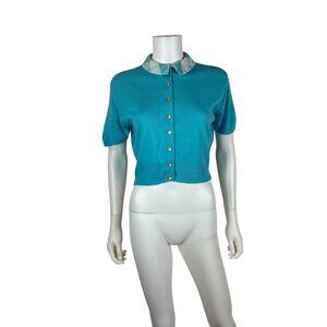 Vintage 50s Acrylic Cardigan Womens XS Baby Blue Plaid Collar Cropped Sweater Pi